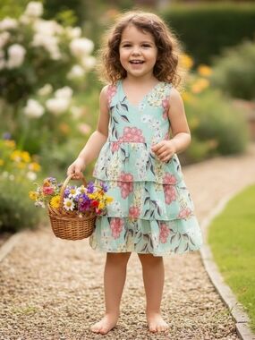 Girls Green Floral Tiered Sundress Sleeveless V-Neck Summer Garden Party Dress